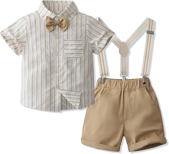 Kimocat Baby Boy Shirt and Tie Sets Long Sleeve Woven Top+ Bowknot+ Shorts with Suspender Straps Outfits