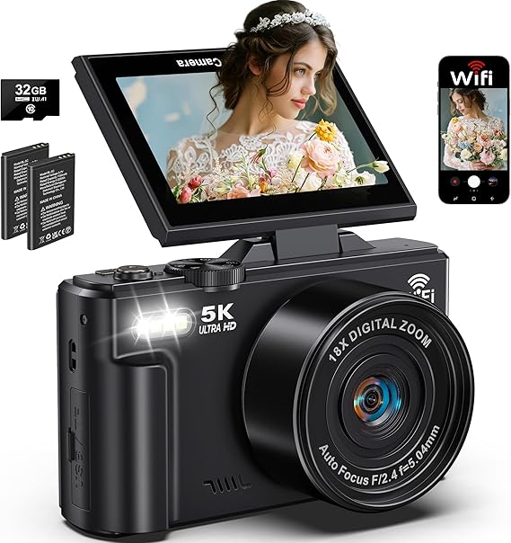 5K Digital Camera for Photography, 75MP WiFi Vlogging Camera for YouTube with 3" 180 Flip Screen, 18X Zoom UHD Autofocus Video Camara with 32GB SD Card, 2 Batteries