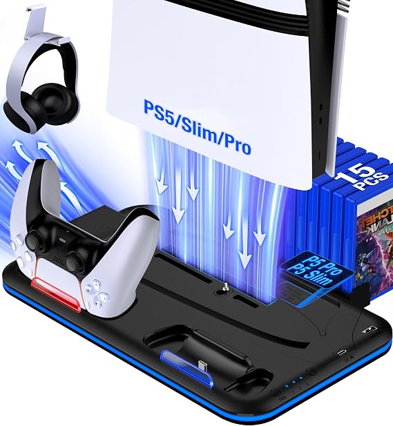 PS5/Slim/Pro Stand and Cooling Station with Controller Charging Station for PlayStation 5 Slim/Pro Console, PS5 Controller Charger, Cooling Stand, LED Light, Headset Holder for PS5 Accessories