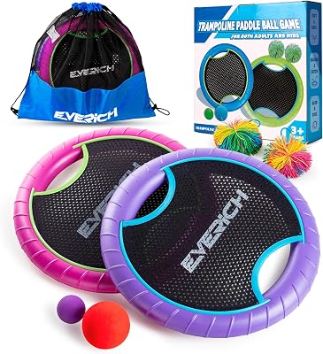 EVERICH TOY Trampoline Paddle Ball Set with 2 Bouncy Paddles & 4 Balls - Soft Foam Design for Kids Play Indoor Outdoor Beach Backyard Lawn - Great Gift Idea for Boys & Girls Pink & Purple