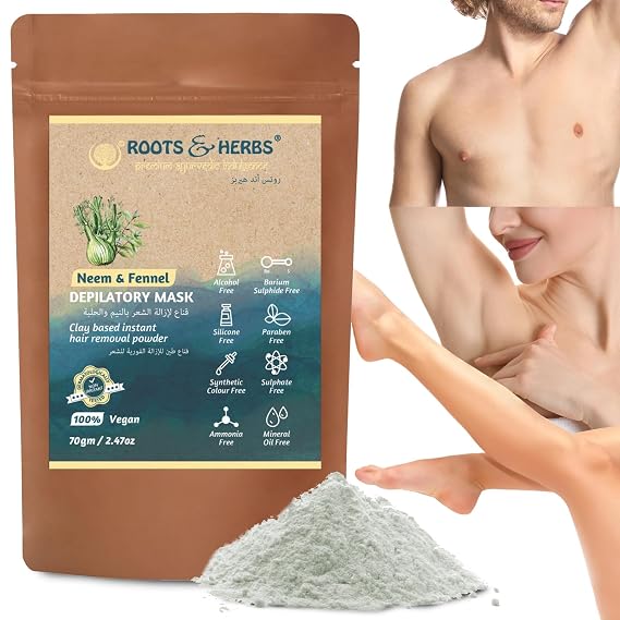 Neem & Fennel Hair Intimate Bikini Hair Removal for Womens & Mens Legs, Underarm, Chest,- Depilatory Powder Body Hair Remover with Ayurvedic Herbs for All Skin Types - Roots and Herbs, 2.47oz