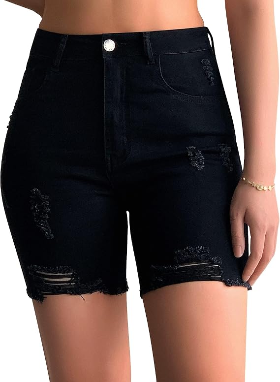 roswear Womens Casual Summer Ripped High Waisted Shorts Stretch Distressed Frayed Raw Hem Jean Shorts