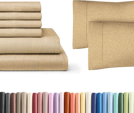 6 Piece Heathered Tan California King Bed Sheet Set + 2 Extra Pillowcases Bundle 21 Extra Deep Pockets Flat Sheet 117 x 102, Fitted Sheet 72 x 84 and 4 Pillowcases 20 x 40 Oeko-TEX Sheet Set