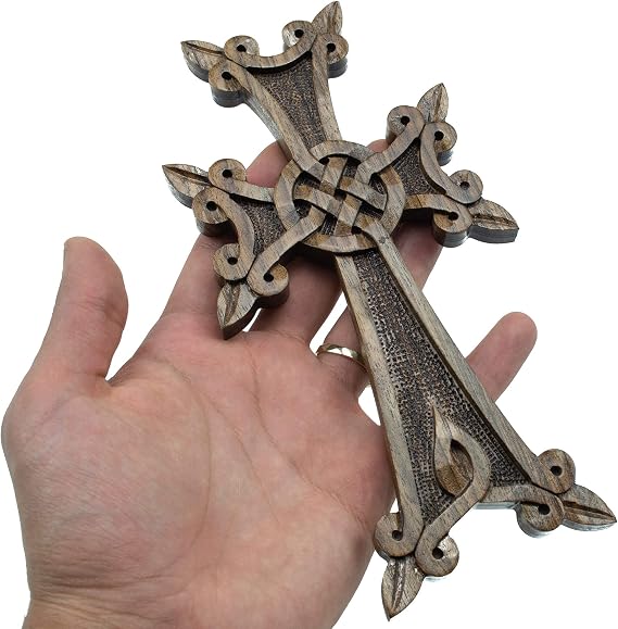 Handmade Wall cross with ornaments from Armenian walnut wood (dark brown)