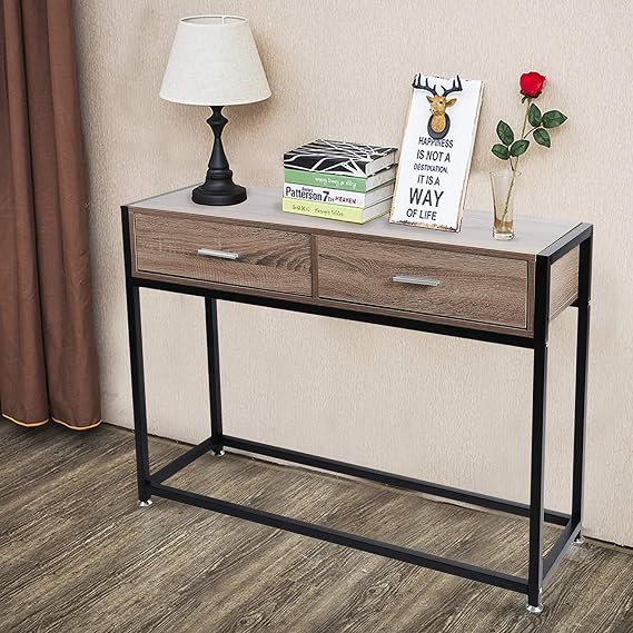 Console Table with Drawers Desk Vanity Make Up Entryway Table Narrow Sofa Table Wooden Metal Retro Industrial Brushed Nickel Handle 47 for Living Room Bedroom Bathroom Lavatory 100lbs