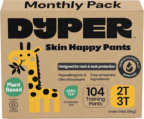DYPER Toddler Training Pants 2T-3T for Boys & Girls Hypoallergenic, Unscented, Plant-Based & Perfect for Sensitive Skin, Leakproof Potty Training Pants for Day & Overnight Protection