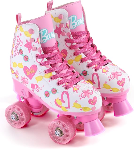 Barbie Roller Skates for Girls - Adjustable Sizes 12-2, Glitter Wheels, ABEC 5 Bearings - Durable PVC Material, Foam Shoe Lining - Perfect for Active Fun and Adventures