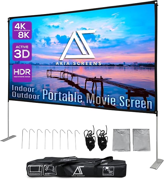 Akia Screens 125 Inch Portable Projector Screen with Stand and Carry Bag, 16:9 Foldable Front & Rear Projection Screen for Indoor & Outdoor Movies, Home Theater, Backyard & Travel (AK-OPS125H)
