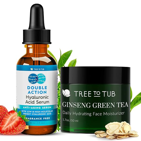 Tree To Tub Hyaluronic Acid Serum & Face Moisturizer Set Daily Hydration Duo with Green Tea, Ginseng & Dual-Weight Hyaluronic Acid, Suitable for Dry, Sensitive Skin