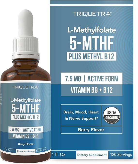 Organic L Methylfolate 7.5 mg Plus Methyl B12 Cofactor - Metabolically Active 5-MTHF Form, Superior Form of Folate - Organic Berry Flavor, Liquid Sublingual Form Mood, Cognition, Methylation (1oz)