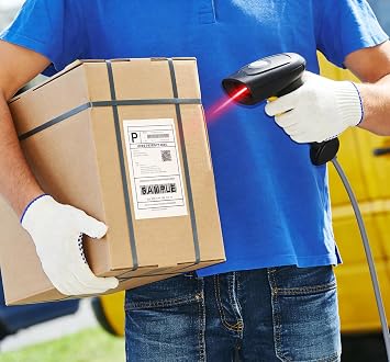 Handheld USB 1D Barcode Scanner + [100 Sheets/200 Labels] Half Sheet Self Adhesive Shipping Labels Bundle Wired Bar Code Reader & 8.5''x5.5'' Mailing Labels for Warehouse, Shipping & Retail