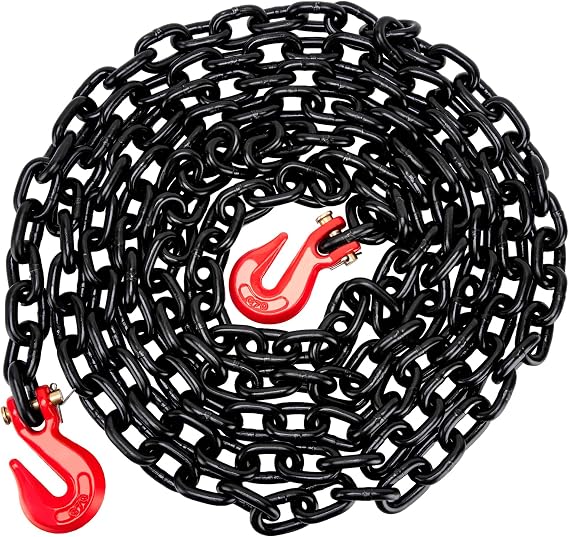20Ft 3/8 Inch G80 Transport Binder Chain with Clevis Grab Hooks, 7,100 Lbs Safe Working Load, Black, Universal Fit, Carbon Steel, For Truck, Boat, Heavy Machinery