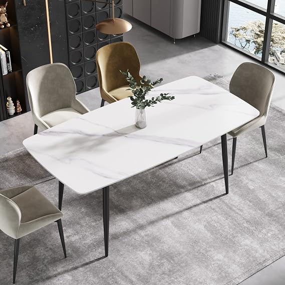 Modern Dining Table, White Sintered Stone Tabletop Dining Table with Solid Carbon Steel Base, 63" Rectangular Dining Table for 4-6
