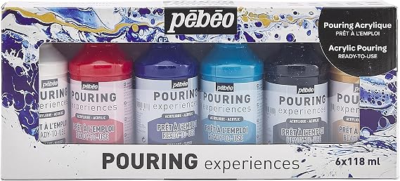 Pebeo Acrylic Pouring Paint Starter Kit - Art and Painting Supplies, Ready-To-Pour Fluid Medium, 118 Milliliter Bottles, Set of 6 Assorted Colors