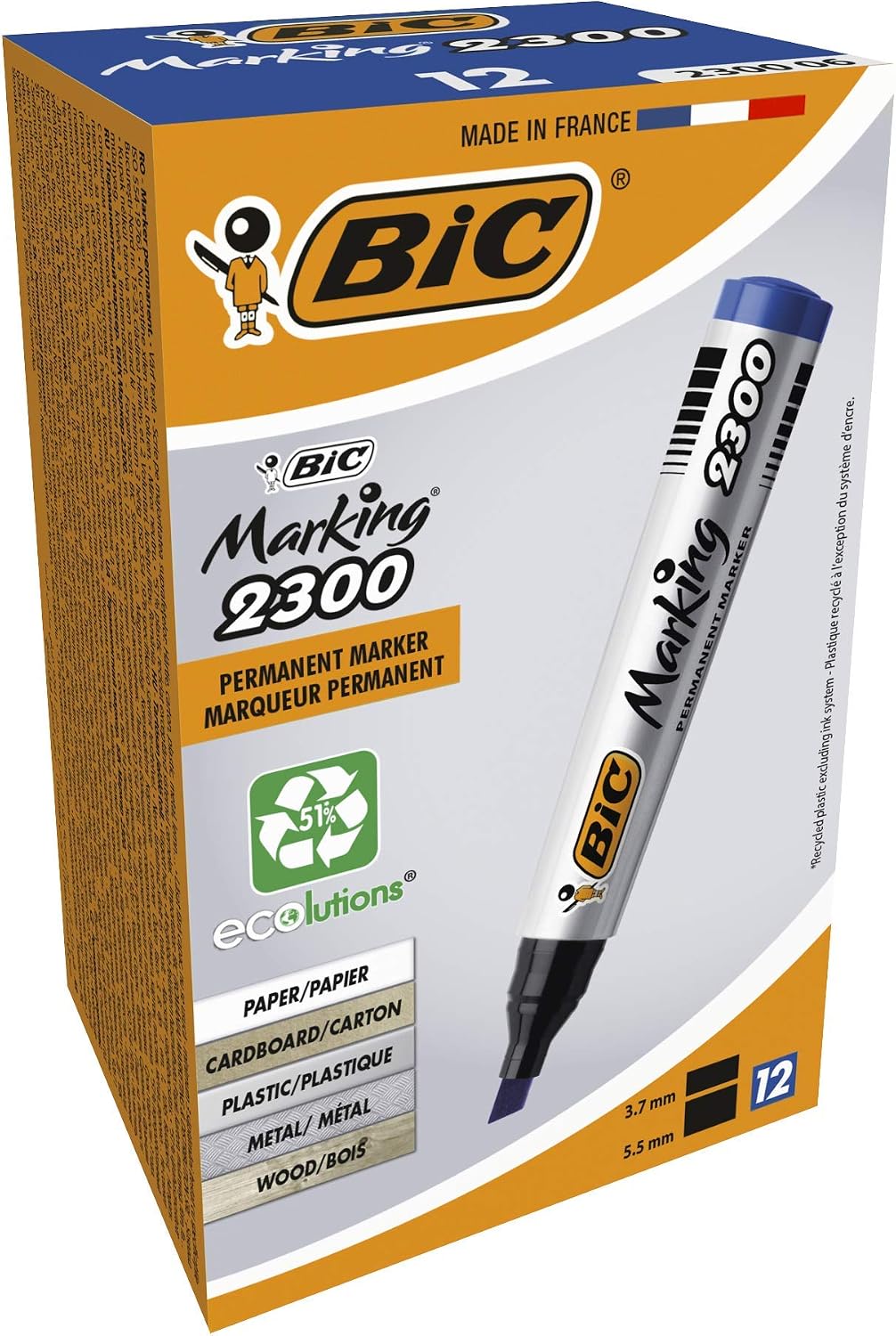 BIC Intensity Marker 2300 Cut-Tip Permanent Marker Blue 12-Piece Box, 3.7mm to 5.5mm Thick End, Ink That Doesnt Dry Even If Its Cover Stays Open for 1 Month