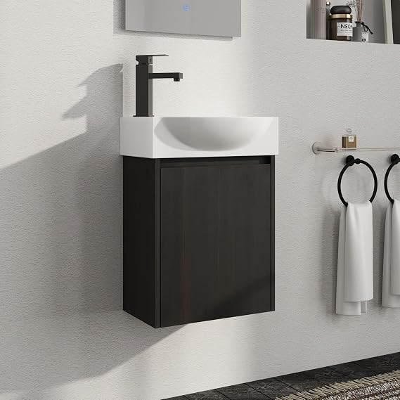 Malwee 16 Inch Bathroom Vanity with Sink, 16'' Floating Cabinet Sink Combo, Modern Wall Mounted Storage Vanity Set with 1 Ceramics Basin and 1 Soft Close Door, Space-Saving Design.16YXXM