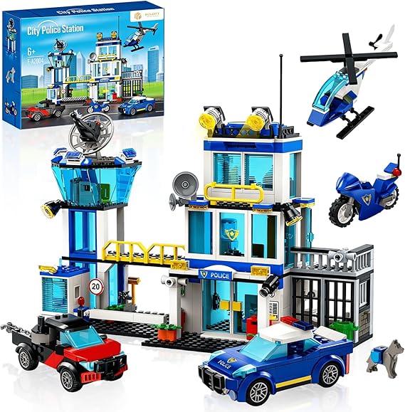 BUILDIFY City Police Station Building Block Set with Light, 634 PCS HQ Station Kits with Helicopter, Police Car and Motorcycle. Ideal as a Birthday Holiday Collectible Gift for 6+ Fans, Boys and Girls