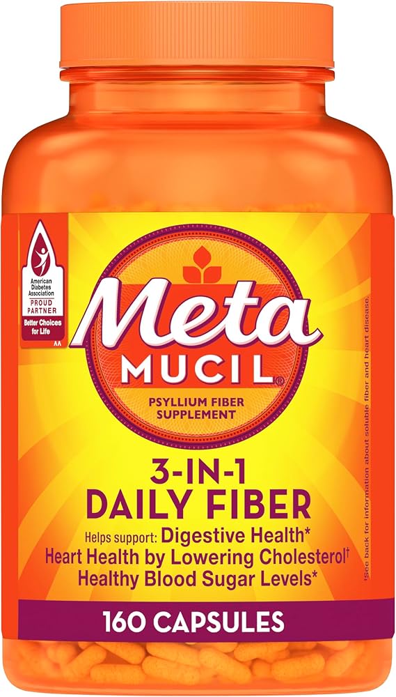 Metamucil, Fiber Capsules, 3-in-1 Psyllium Husk Fiber, 160 Capsules, Daily Fiber Supplement