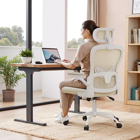 Homall Ergonomic Office Computer Chair,Computer Desk Chair with 3D Headrest Adjustable Lumbar Support,High Back Mesh Chair with Wheels for Office and Working from Home (Beige)