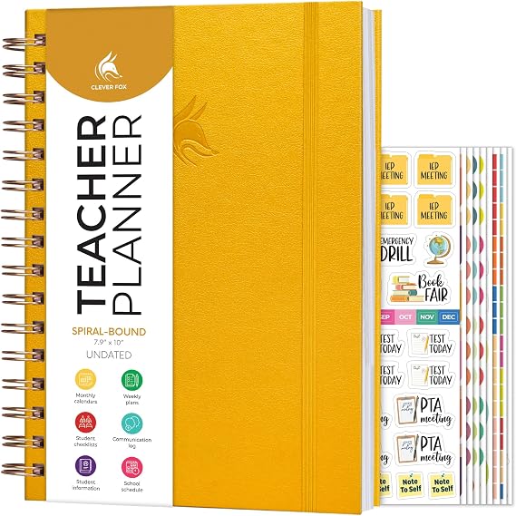 Clever Fox Teacher Planner Spiral School Year Planner with Calendars & Lesson Plans Teacher Plan Book for Classroom & Homeschool Organization - Undated, 7.9x10 (Amber Yellow)