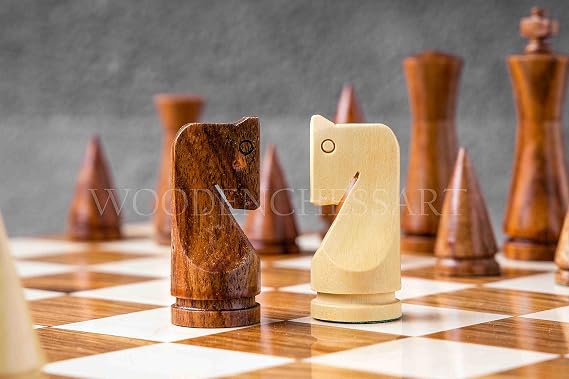 3.5 Russian Minimalist Design Wooden Chess Pieces in Boxwood & Golden Rosewood (Brown)
