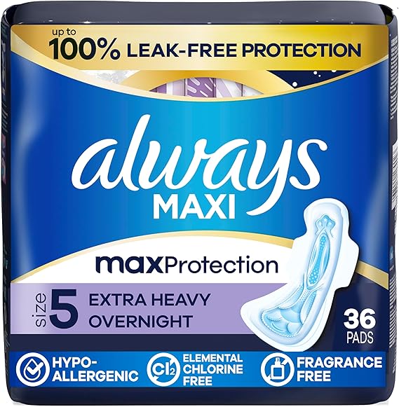 Always Maxi Overnight Pads with Wings for Women, Size 5, Extra Heavy Overnight Absorbency, Unscented, 36 Count