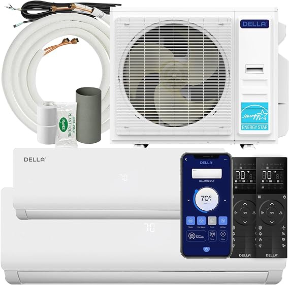 DELLA 35K BTU Dual Zone Mini Split AC (12K+24K), 19 SEER2, 16ft Kits