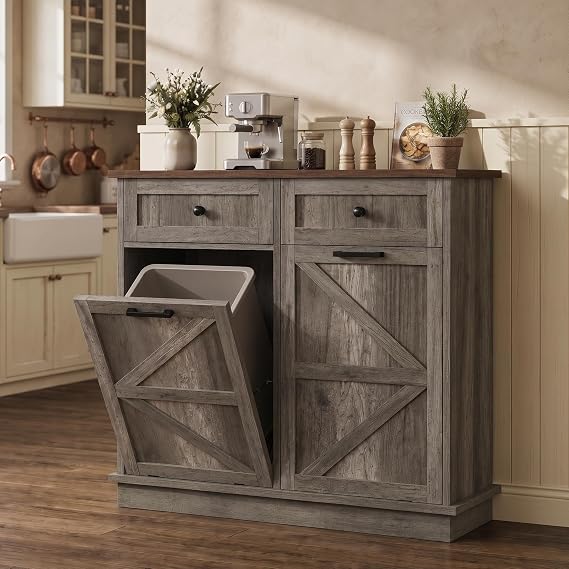 Double Tilt Out Trash Can Cabinet, Garbage Can Cabinet for Kitchen with 2 Storage Drawer, Free Standing Recycling Cabinet, Odor Proof Dog Proof Trash Bin Cabinet for Laundry, Kitchen, Living Room