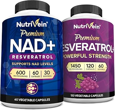 Nutrivein Premium Resveratrol & NAD Resveratrol Supplement Bundle: Powerful Synergistic Supplement Pair Enhanced with Green Tea Leaf & Acai Berry - Aging, Cognition, Defenses, Metabolism, Joints