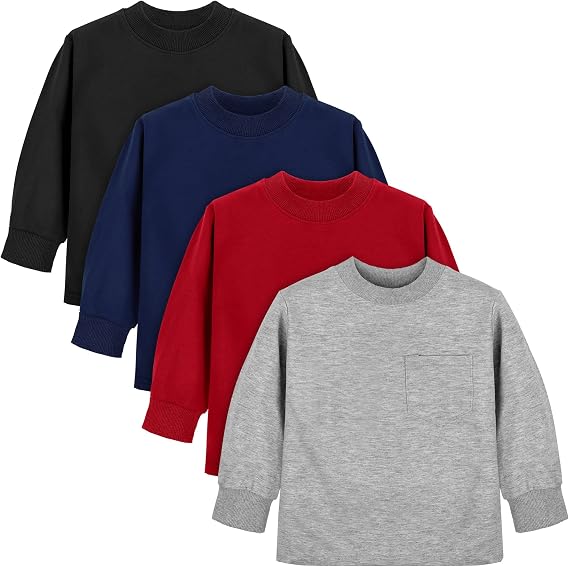 Cooraby 4 Pack Toddler Boys Long-Sleeve Shirts with Pocket Crewneck Pullover Shirt Solid Long Sleeve Cotton Top