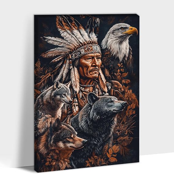 CXVU Native American Chief Canvas Wall Art, Native American White Wolf and Eagle Decor, Indian Landscape Wall Art, Forest Pictures Decor for Living Room Ready to Hang 12x18 inch