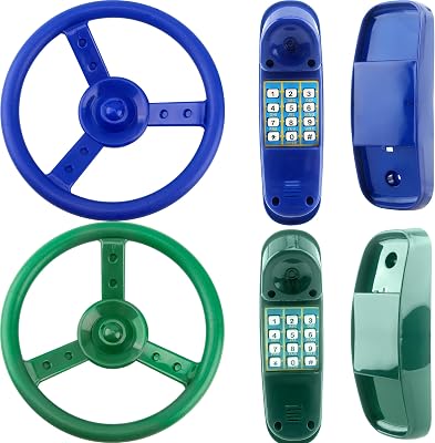 4 Pack Playground Accessories for Kids Outdoor Playground Steering Wheel Priate Ship Wheel Plastic Telephone Phone Toy Swing Set for Playground Backyard Playhouse Tree House Green,Blue