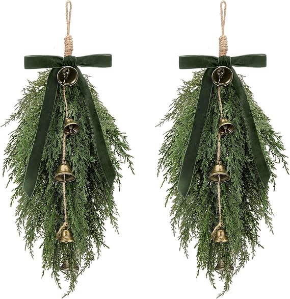 Shihanee 2 Pack Christmas Cedar Teardrop Swag Velvet Bow Bells, Green