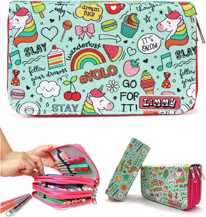 Pen Box Unicorn Patterned Kawai Organizer Pencilbox Vegan Leather Three-Compartment Pencil