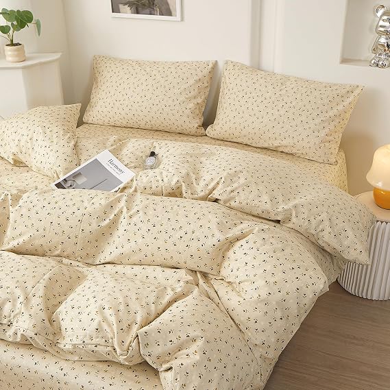 EAVD Chic Colorful Small Floral Duvet Cover Twin Size Soft 100% Cotton Small Floral Printed Bedding Set with 2 Pillowcases Chic Cute Botanical Pattern Duvet Cover with Zipper Closure