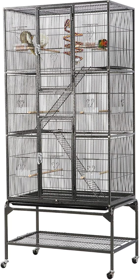Yaheetech 69" Large Bird Cage for Parakeets, Budgies, 3-Tier Flight Cage | Detachable Rolling Stand, Easy Cleaning Slide-out Tray, Multi-door Access, 0.4'' Bar Spacing, Free Accessories
