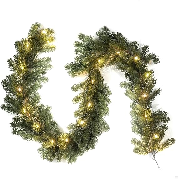 RECUTMS Artificial Christmas Pine Tree Wreath 6.4ft Frosted Pine Cypress Wreath 10.8ft LED String Light Realistic Pines Tree Garland Decoration Fireplace Indoor Christmas Table Centerpiece (Green)