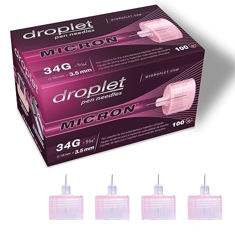 Droplet Micron Pen Needles, 34G x 3.5mm, 100 Ct