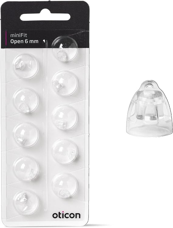 Genuine Oticon Hearing Aid Domes MiniFit Open 6mm, Oticon Branded OEM Denmark Replacements, Authentic Accessories for Optimal Performance -1 Pack/10 Domes Total