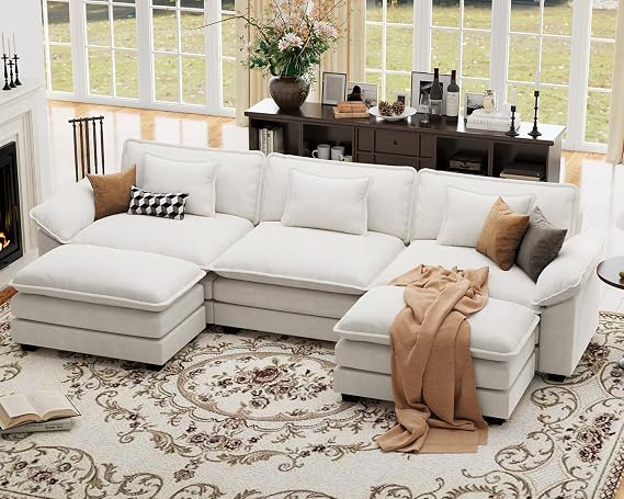 CDCASA 120" Oversized Modular Sectional Sofa, Comfy U-Shaped Cloud Couch w/ 2 Movable Ottoman, 5-Seater Velvet Deep Seat Modern Sofa Couch for Living Room, DIY Combination, Beige