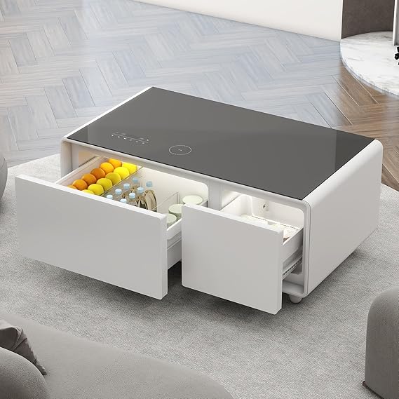 Smart Coffee Table with Built in Fridge Speaker Wireless Charging Touch Control Panel USB Ports Outlet Protection Atmosphere Light White