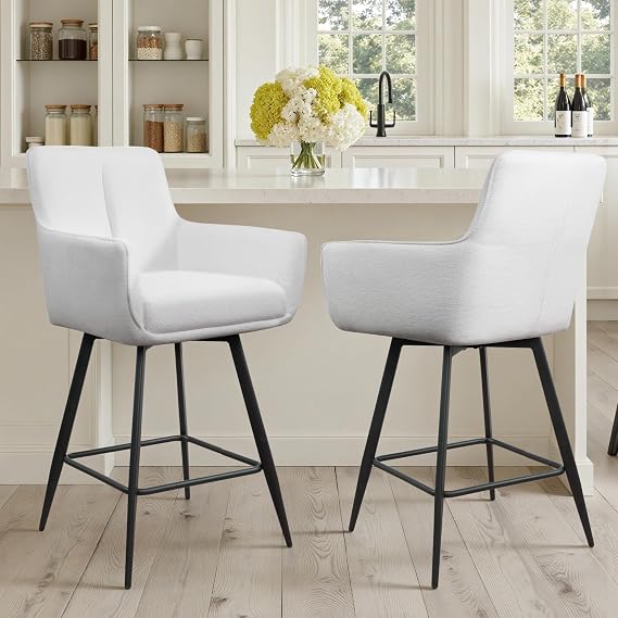Zouron Swivel Bar Stools, Upholstered Kitchen Counter Stools with Metal Legs, Bar Height Chairs for Dining Room Kitchen Island, Set of 2, White