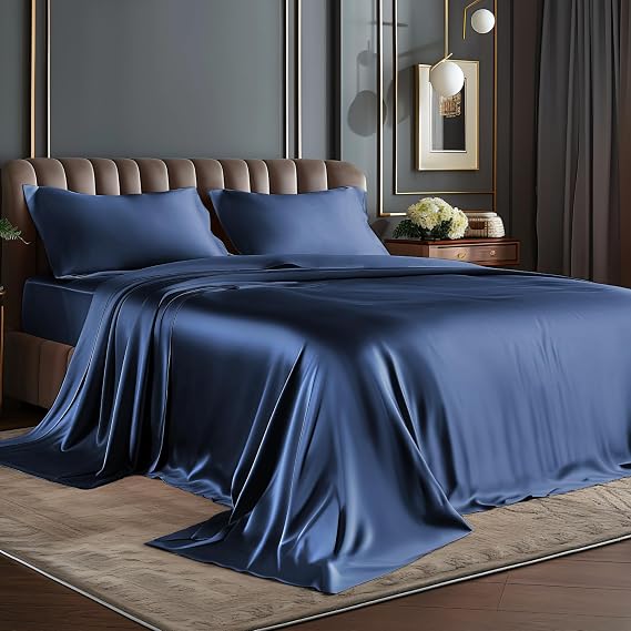 BEDELITE Satin Sheets Twin Size Bed Set, Navy, 3 Pieces