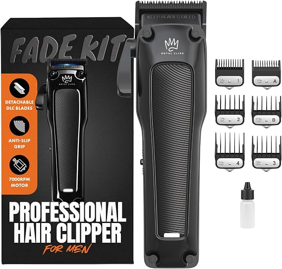 Royal Clips - Fade Kit 2.0 Clippers - 7000rpm Professional Hair Clippers for Men - Detachable DLC Fade Blade - Cordless & Rechargeable - Ideal Holiday Gift for Men, Fathers, Brothers & Barbers (Black)