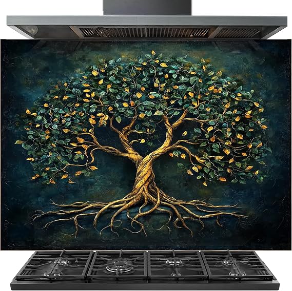 Tempered Glass Backsplash for Kitchen, Lush Tree of Life Glass Backsplash, Copper Look Backsplash for Kitchen Wall, Rustic Kitchen Backsplash, Easy to Install Stove Backsplash