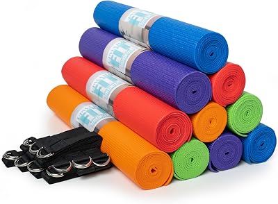 Classic Yoga Set, 10 Non Slip Yoga Mats 68 x 24 x 4mm and 10 6ft D-Ring Yoga Straps, Yoga Accessories for Schools and Studios