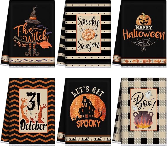 Ganeen 6 Pcs Halloween Kitchen Hand Towels Witch Pumpkin 14.2x21.3