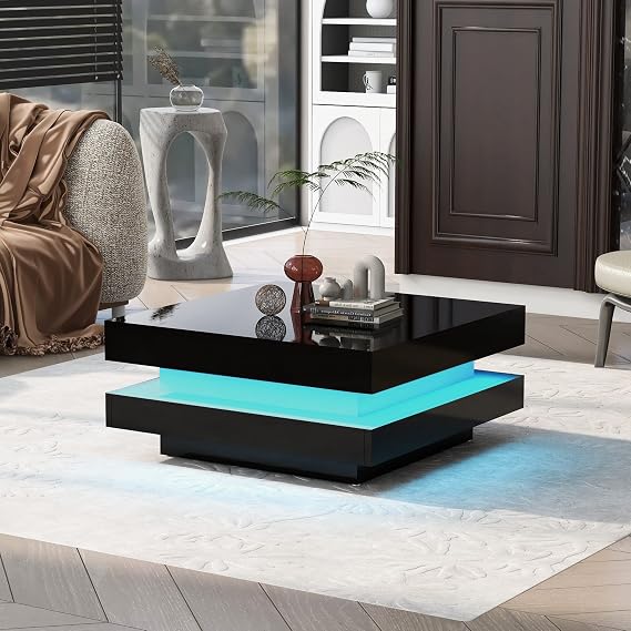 Modern High Glossy LED Coffee Table, Coffee Table Led Center Table with 16 Colors LED Lights, Contemporary Cocktail Table with Rectangle Design for Living Room Furniture (Black3)