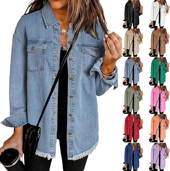 Denim Jacket for Women Oversized Boyfriend Jean Jacket Button Up Frayed Hem Shacket Distressed Ripped Denim Jackets