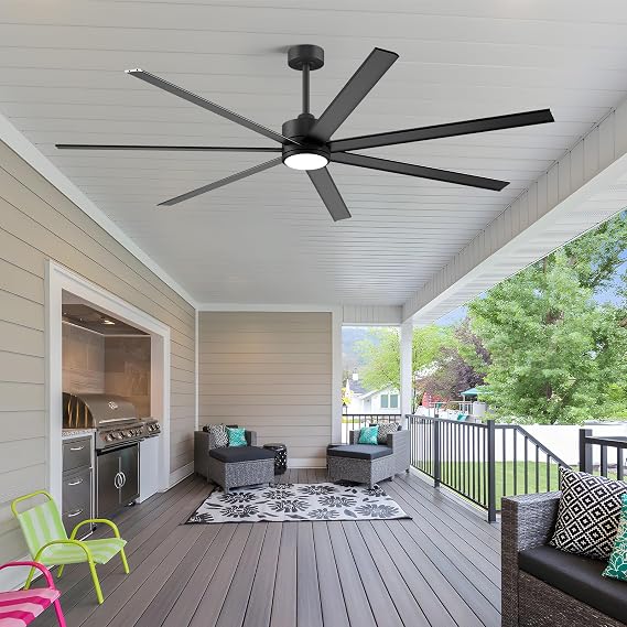 72 Inch Black Outdoor Ceiling Fan with Light, Large Industrial Ceiling Fan with 7 Aluminum Blades, High CFM Quiet Reversible DC Motor, Remote Control, Dimmable LED for Porch, Patio, Garage